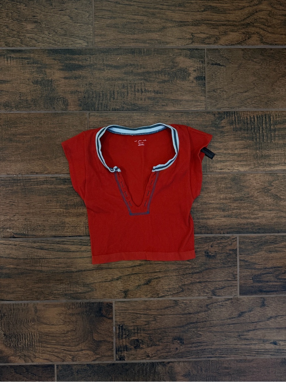 Urban Outfitters Rust Ribbed V-Neck Crop Top with Contrast Collar